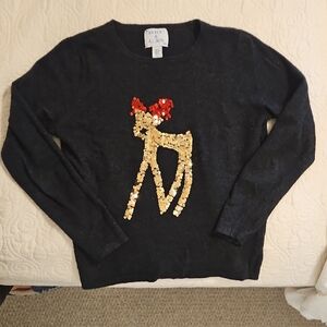 Black Sweater with Gold and Red Sequin Reindeer